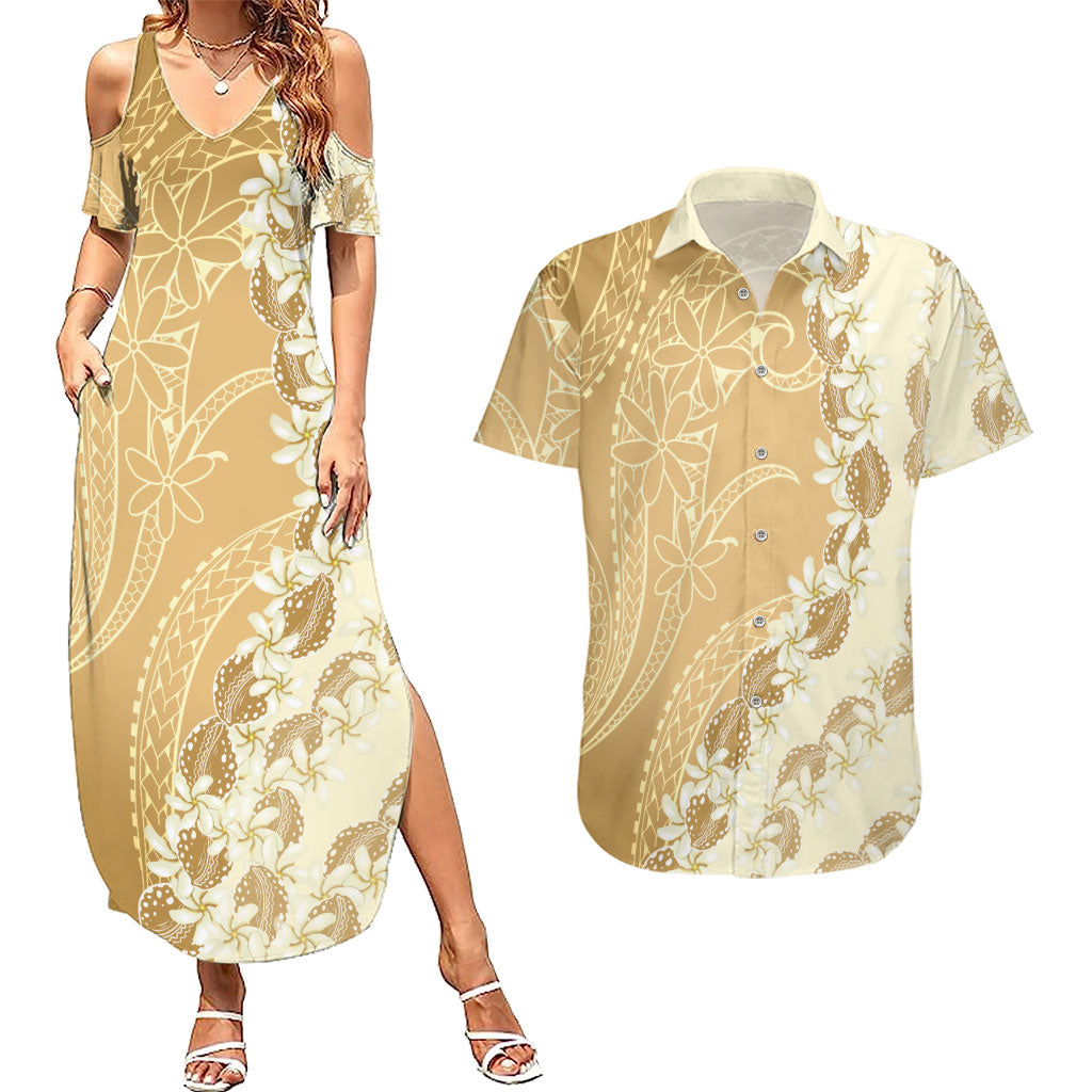 Heiva i Tahiti Couples Matching Summer Maxi Dress and Hawaiian Shirt Tahitian Tiare Maori Cowrie Lei Brown LT14 Brown - Polynesian Pride