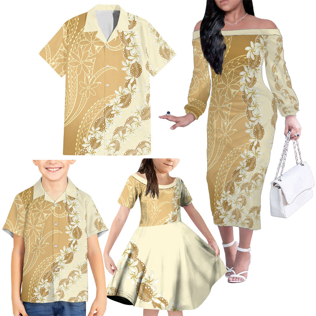 Heiva i Tahiti Family Matching Off The Shoulder Long Sleeve Dress and Hawaiian Shirt Tahitian Tiare Maori Cowrie Lei Brown