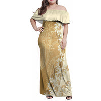Heiva i Tahiti Family Matching Off Shoulder Maxi Dress and Hawaiian Shirt Tahitian Tiare Maori Cowrie Lei Brown LT14 Mom's Dress Brown - Polynesian Pride