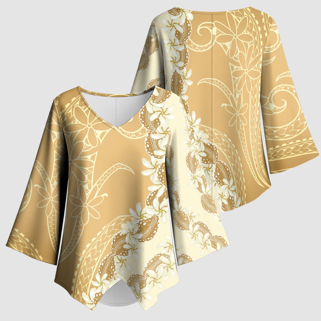 Heiva i Tahiti Kimono Sleeve Blouse Tahitian Tiare Maori Cowrie Lei Brown