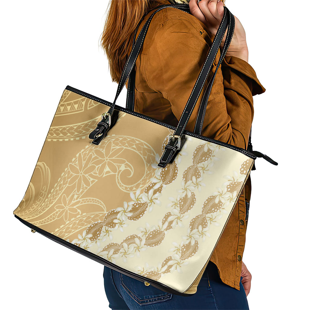 Heiva i Tahiti Leather Tote Bag Tahitian Tiare Maori Cowrie Lei Brown