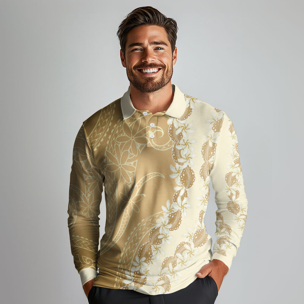 Heiva i Tahiti Long Sleeve Polo Shirt Tahitian Tiare Maori Cowrie Lei Brown LT14 - Polynesian Pride
