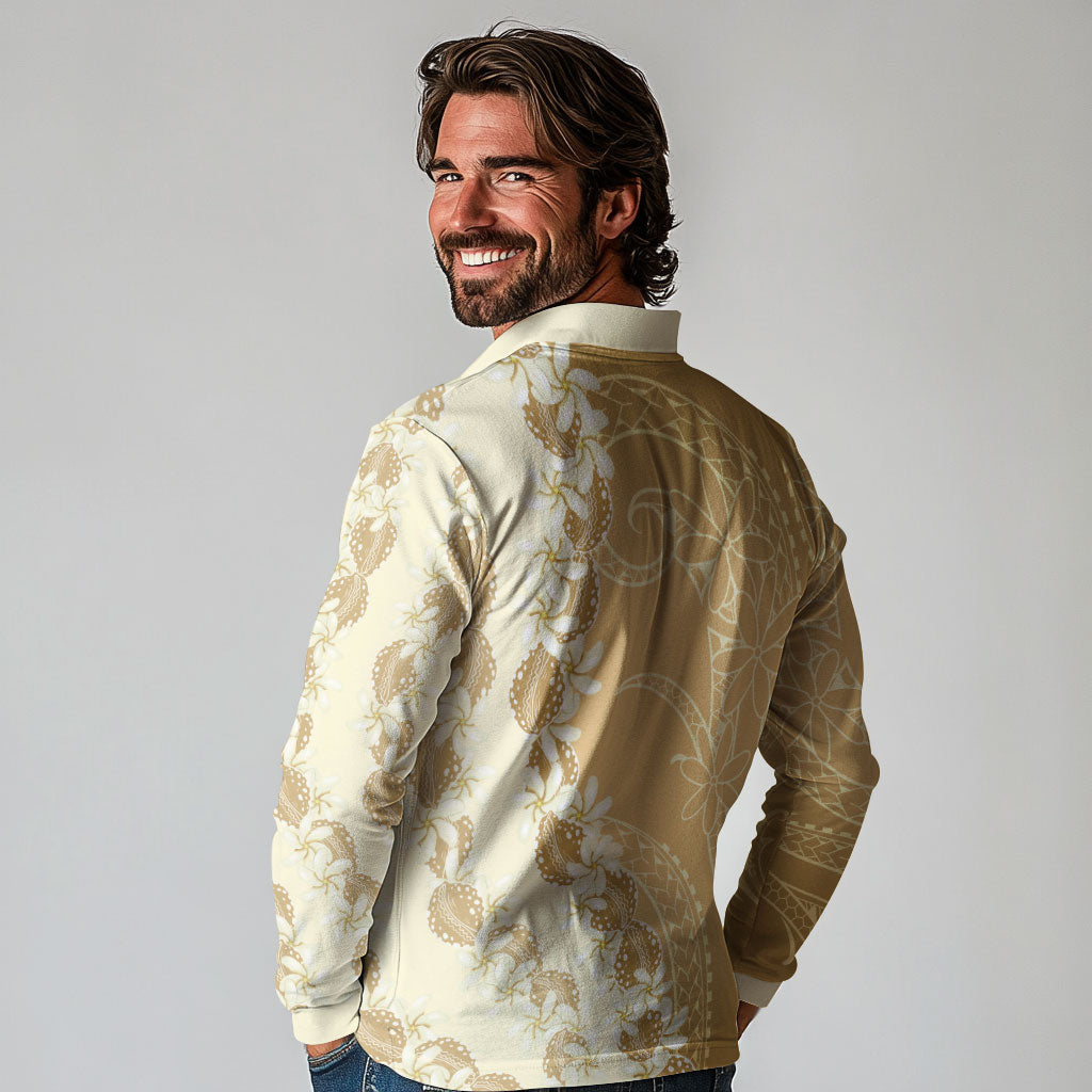 Heiva i Tahiti Long Sleeve Polo Shirt Tahitian Tiare Maori Cowrie Lei Brown LT14 - Polynesian Pride