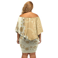Heiva i Tahiti Off Shoulder Short Dress Tahitian Tiare Maori Cowrie Lei Brown