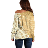 Heiva i Tahiti Off Shoulder Sweater Tahitian Tiare Maori Cowrie Lei Brown