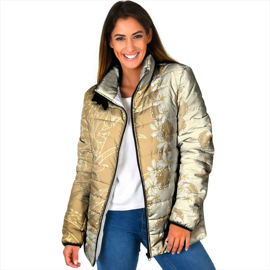 Heiva i Tahiti Padded Jacket Tahitian Tiare Maori Cowrie Lei Brown