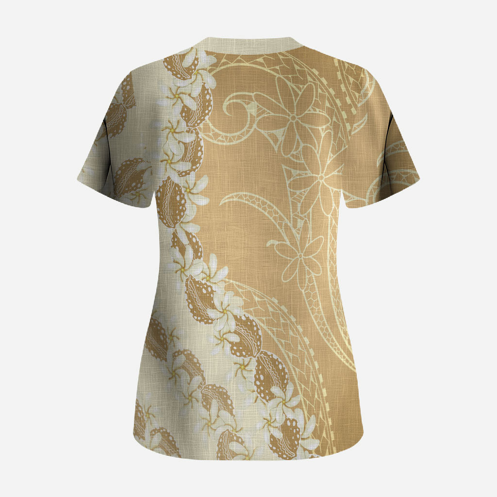 Heiva i Tahiti Scrub Top Tahitian Tiare Maori Cowrie Lei Brown