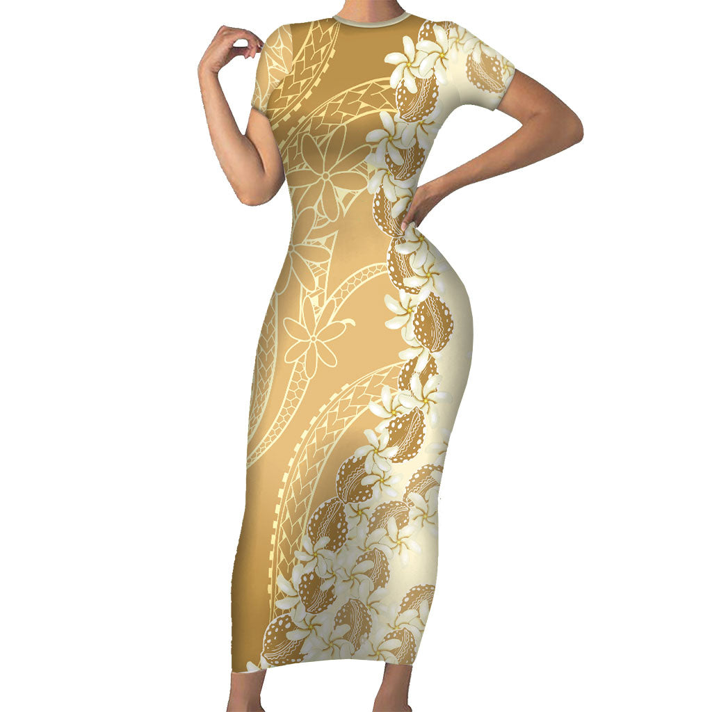 Heiva i Tahiti Short Sleeve Bodycon Dress Tahitian Tiare Maori Cowrie Lei Brown LT14 Long Dress Brown - Polynesian Pride