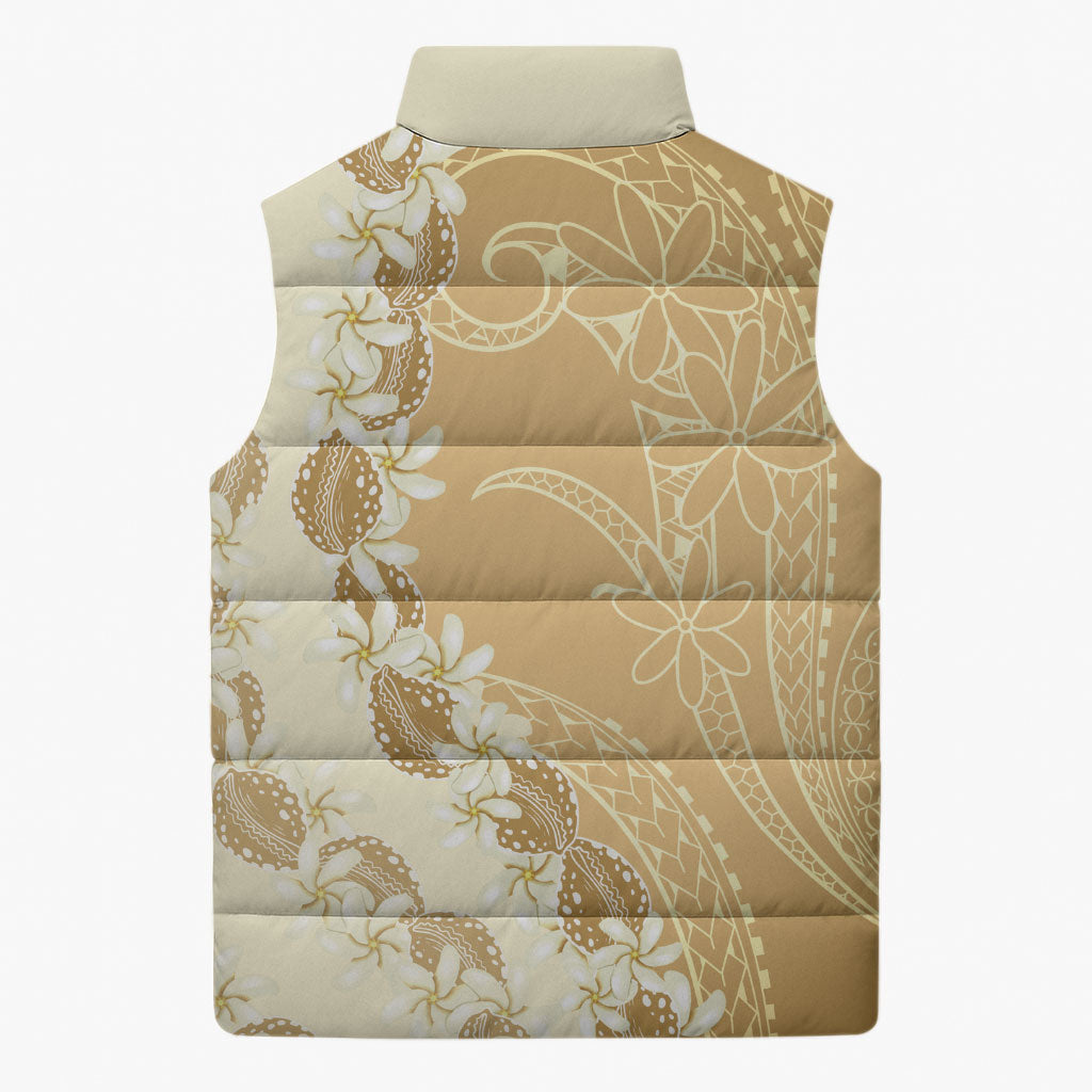 Heiva i Tahiti Sleeveless Puffer Jacket Tahitian Tiare Maori Cowrie Lei Brown