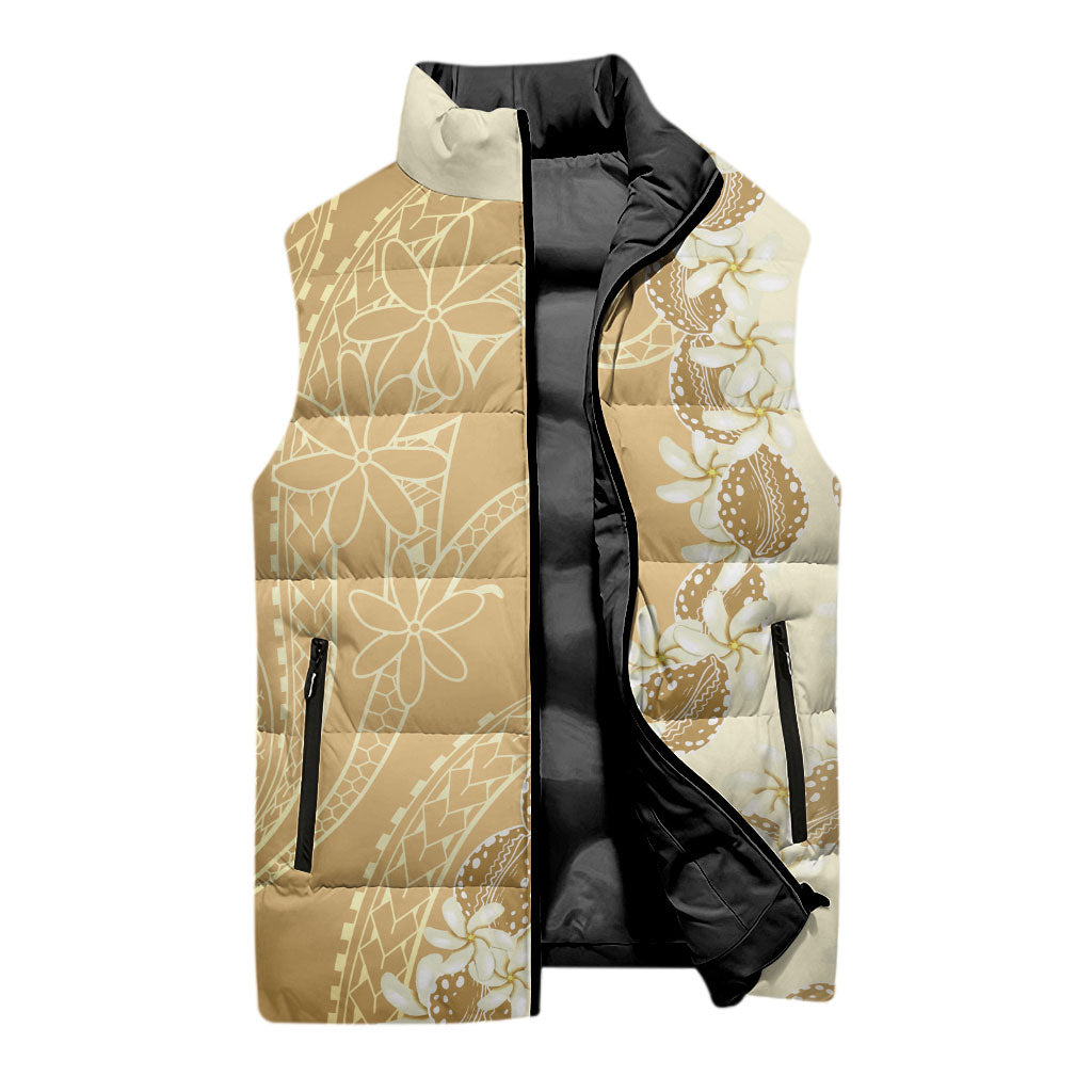 Heiva i Tahiti Sleeveless Puffer Jacket Tahitian Tiare Maori Cowrie Lei Brown