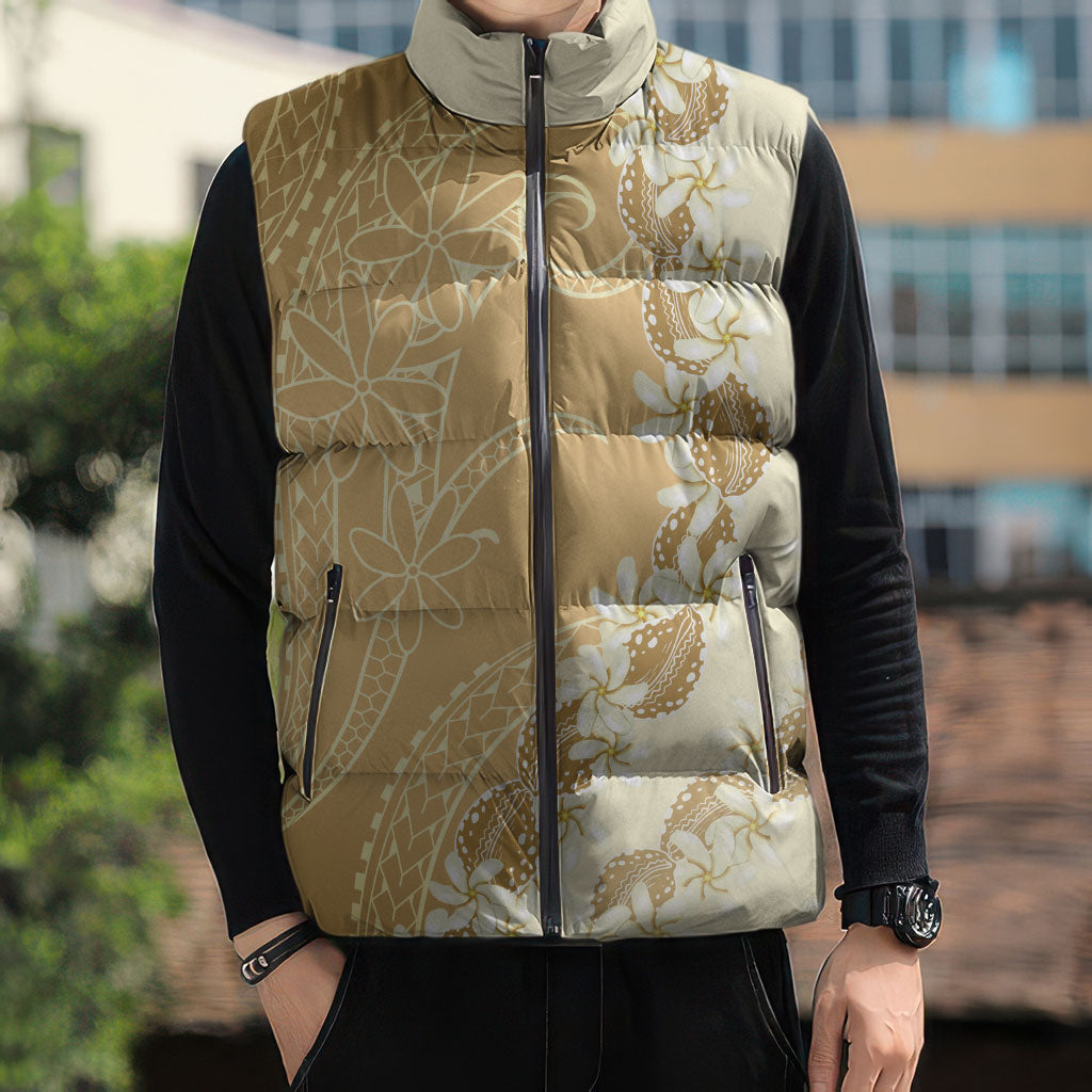 Heiva i Tahiti Sleeveless Puffer Jacket Tahitian Tiare Maori Cowrie Lei Brown