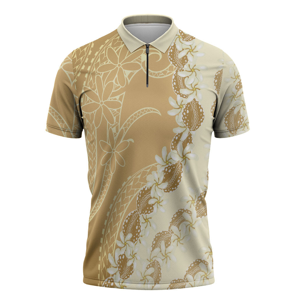 Heiva i Tahiti Zipper Polo Shirt Tahitian Tiare Maori Cowrie Lei Brown