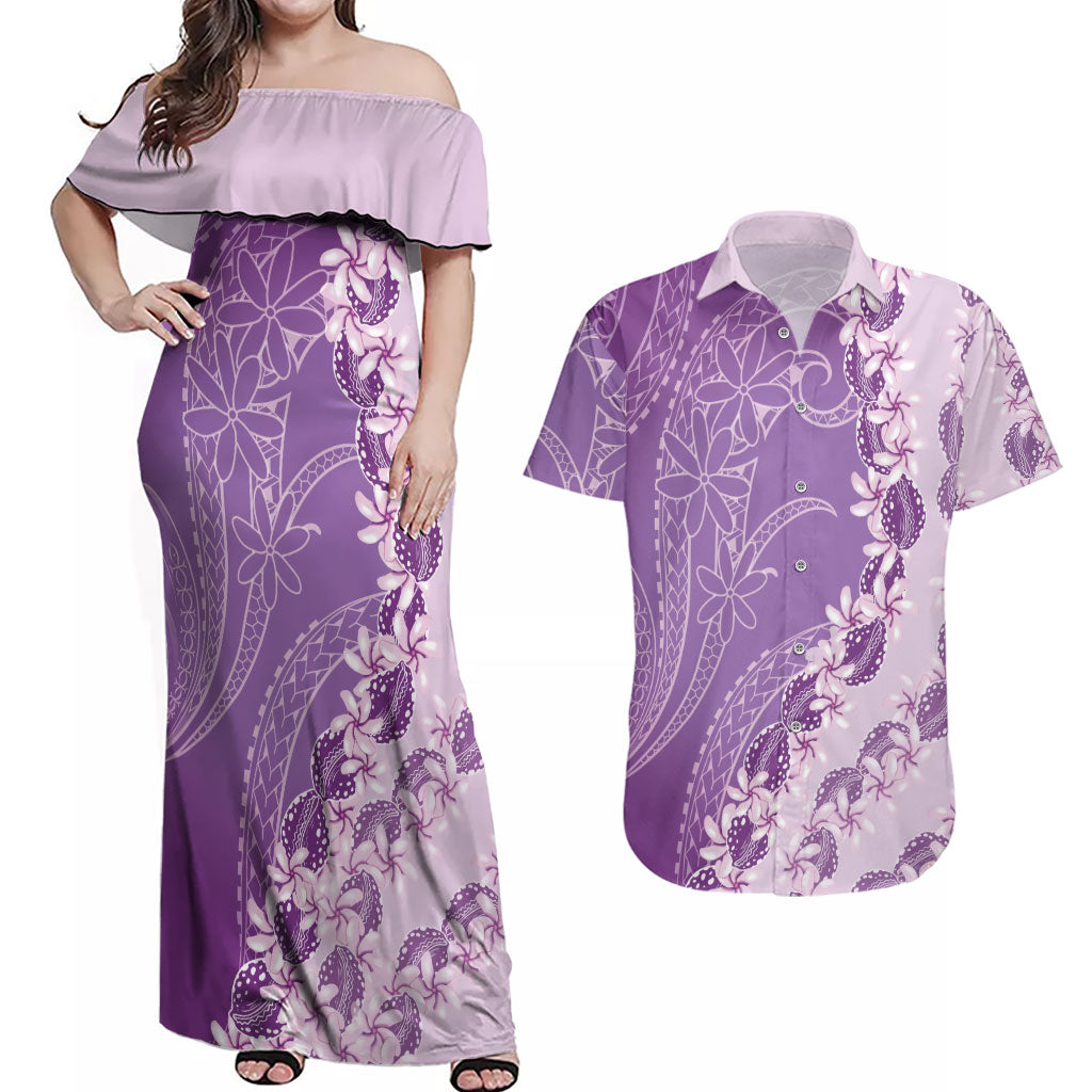 Heiva i Tahiti Couples Matching Off Shoulder Maxi Dress and Hawaiian Shirt Tahitian Tiare Maori Cowrie Lei Purple LT14 Purple - Polynesian Pride