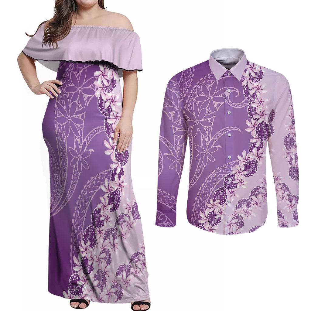 Heiva i Tahiti Couples Matching Off Shoulder Maxi Dress and Long Sleeve Button Shirt Tahitian Tiare Maori Cowrie Lei Purple LT14 Purple - Polynesian Pride