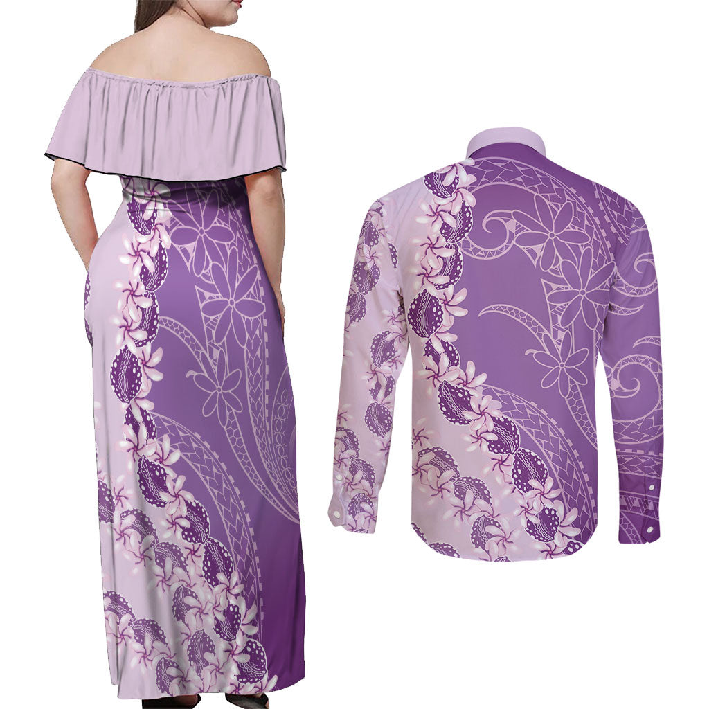 Heiva i Tahiti Couples Matching Off Shoulder Maxi Dress and Long Sleeve Button Shirt Tahitian Tiare Maori Cowrie Lei Purple LT14 - Polynesian Pride