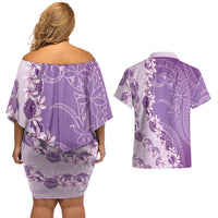 Heiva i Tahiti Couples Matching Off Shoulder Short Dress and Hawaiian Shirt Tahitian Tiare Maori Cowrie Lei Purple LT14 - Polynesian Pride