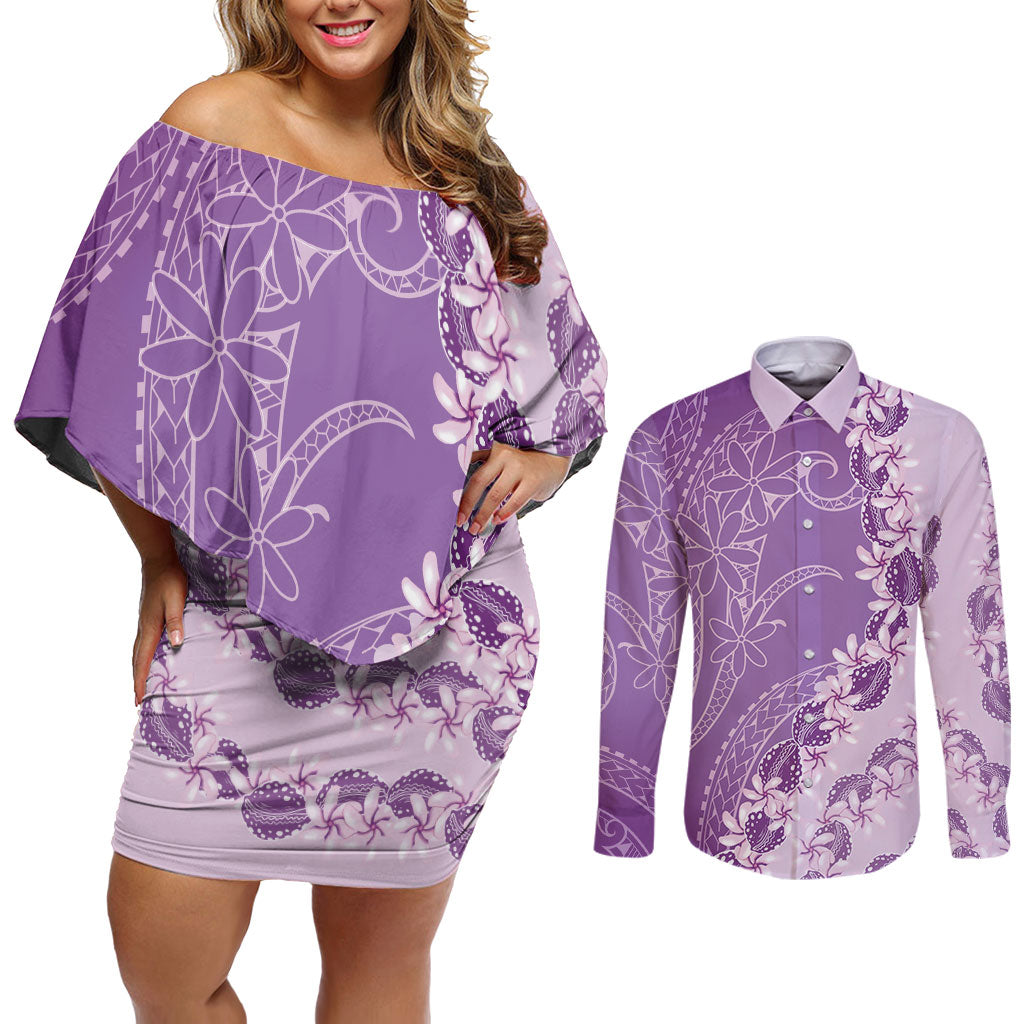 Heiva i Tahiti Couples Matching Off Shoulder Short Dress and Long Sleeve Button Shirt Tahitian Tiare Maori Cowrie Lei Purple LT14 Purple - Polynesian Pride