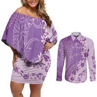 Heiva i Tahiti Couples Matching Off Shoulder Short Dress and Long Sleeve Button Shirt Tahitian Tiare Maori Cowrie Lei Purple LT14 Purple - Polynesian Pride
