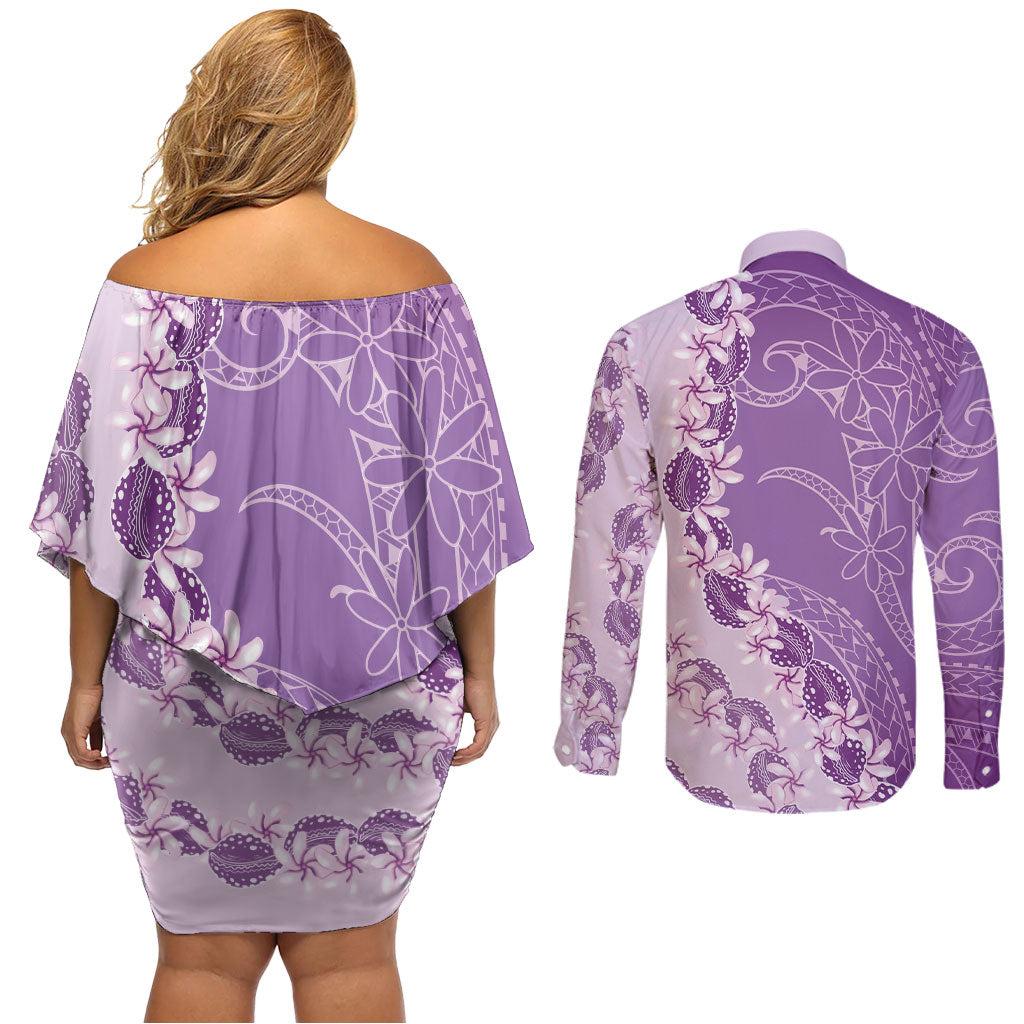 Heiva i Tahiti Couples Matching Off Shoulder Short Dress and Long Sleeve Button Shirt Tahitian Tiare Maori Cowrie Lei Purple LT14 - Polynesian Pride