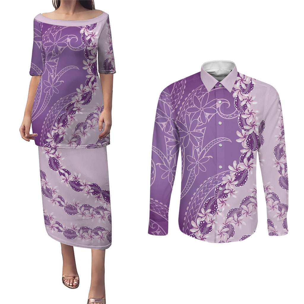 Heiva i Tahiti Couples Matching Puletasi and Long Sleeve Button Shirt Tahitian Tiare Maori Cowrie Lei Purple LT14 Purple - Polynesian Pride