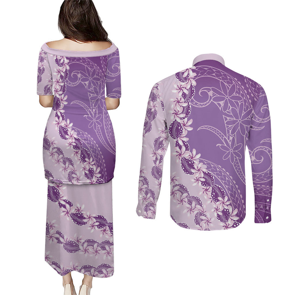 Heiva i Tahiti Couples Matching Puletasi and Long Sleeve Button Shirt Tahitian Tiare Maori Cowrie Lei Purple LT14 - Polynesian Pride
