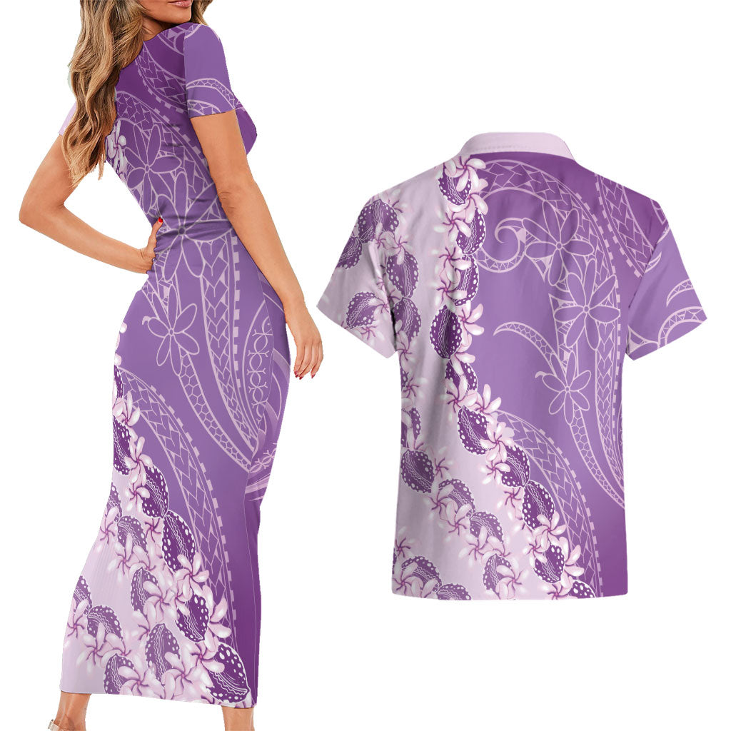 Heiva i Tahiti Couples Matching Short Sleeve Bodycon Dress and Hawaiian Shirt Tahitian Tiare Maori Cowrie Lei Purple LT14 - Polynesian Pride