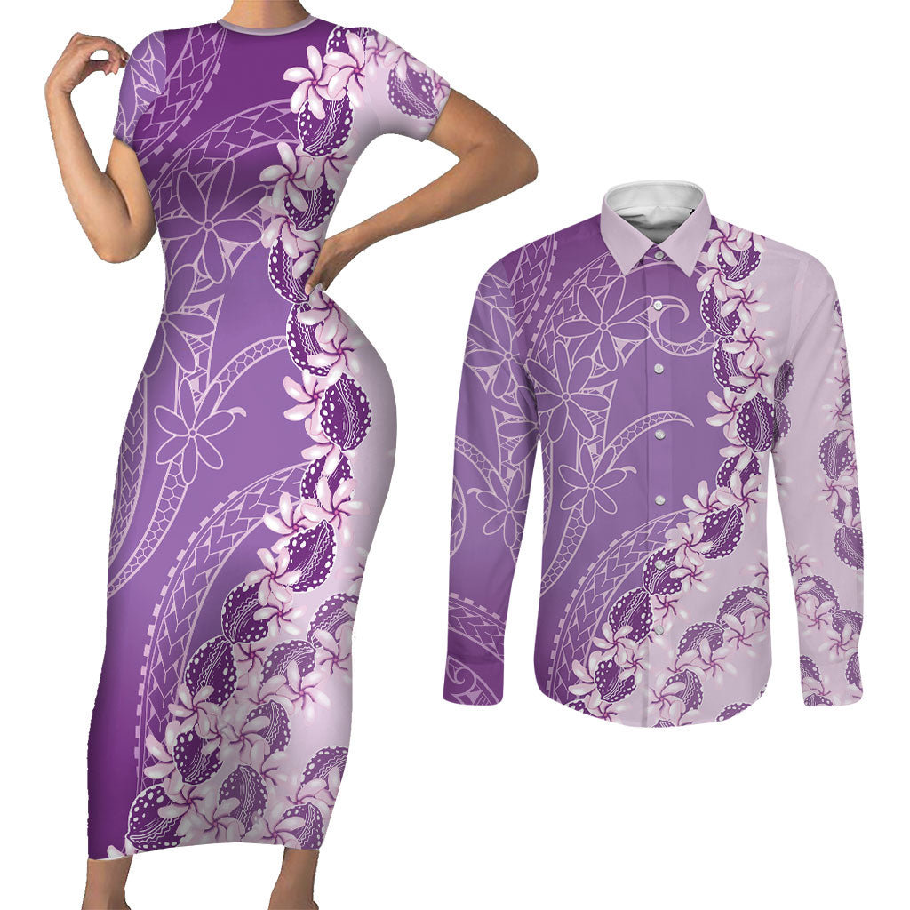 Heiva i Tahiti Couples Matching Short Sleeve Bodycon Dress and Long Sleeve Button Shirt Tahitian Tiare Maori Cowrie Lei Purple LT14 Purple - Polynesian Pride