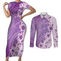 Heiva i Tahiti Couples Matching Short Sleeve Bodycon Dress and Long Sleeve Button Shirt Tahitian Tiare Maori Cowrie Lei Purple LT14 Purple - Polynesian Pride