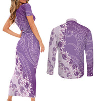Heiva i Tahiti Couples Matching Short Sleeve Bodycon Dress and Long Sleeve Button Shirt Tahitian Tiare Maori Cowrie Lei Purple LT14 - Polynesian Pride