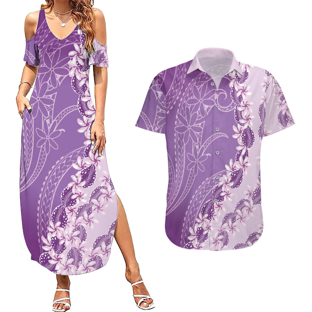 Heiva i Tahiti Couples Matching Summer Maxi Dress and Hawaiian Shirt Tahitian Tiare Maori Cowrie Lei Purple LT14 Purple - Polynesian Pride