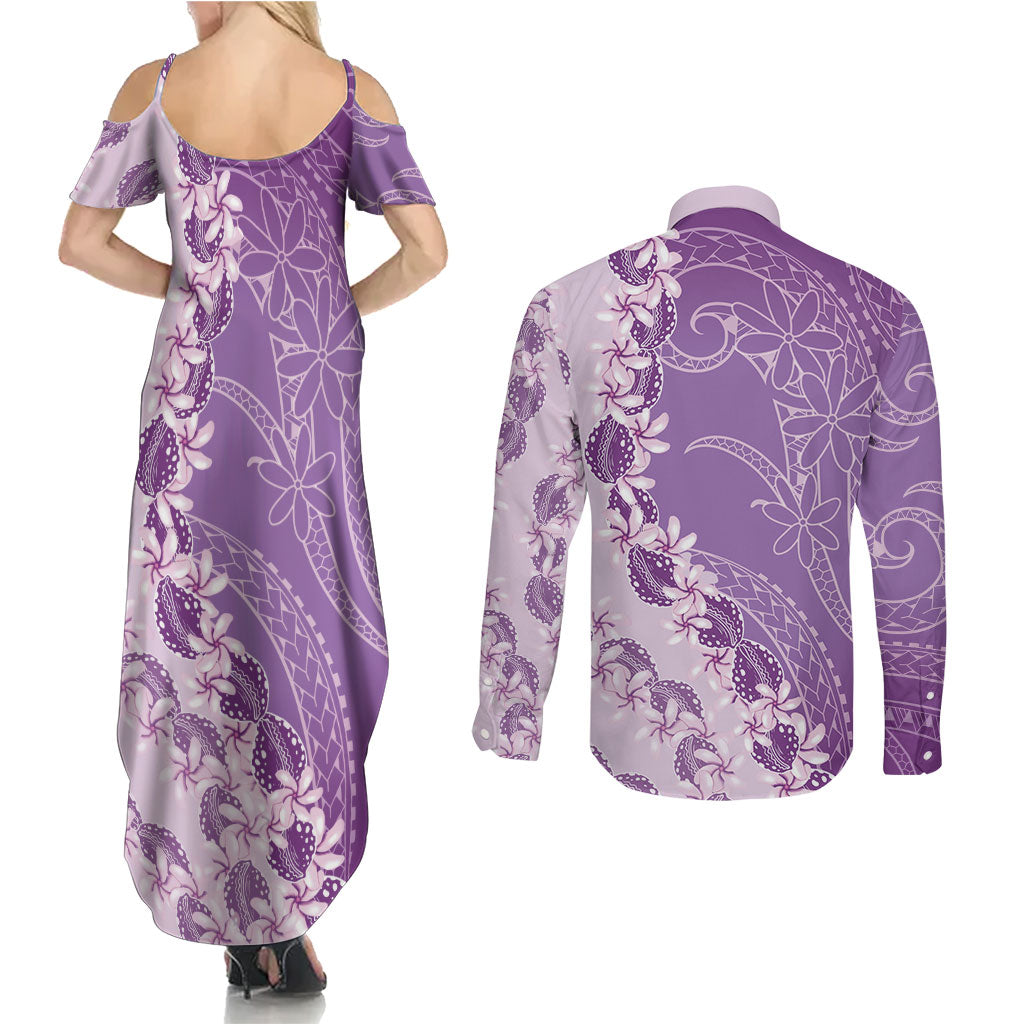Heiva i Tahiti Couples Matching Summer Maxi Dress and Long Sleeve Button Shirt Tahitian Tiare Maori Cowrie Lei Purple LT14 - Polynesian Pride