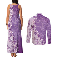 Heiva i Tahiti Couples Matching Tank Maxi Dress and Long Sleeve Button Shirt Tahitian Tiare Maori Cowrie Lei Purple LT14 - Polynesian Pride