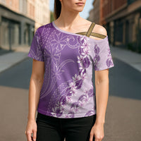 Heiva i Tahiti Cross Shoulder Shirt Tahitian Tiare Maori Cowrie Lei Purple LT14 - Polynesian Pride