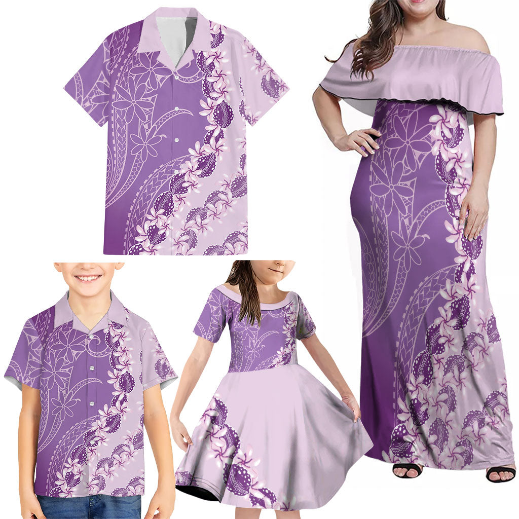 Heiva i Tahiti Family Matching Off Shoulder Maxi Dress and Hawaiian Shirt Tahitian Tiare Maori Cowrie Lei Purple LT14 - Polynesian Pride