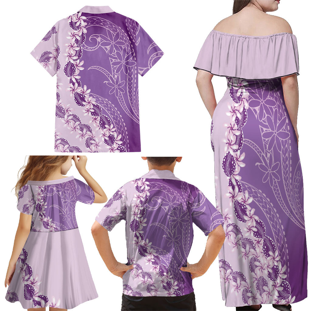 Heiva i Tahiti Family Matching Off Shoulder Maxi Dress and Hawaiian Shirt Tahitian Tiare Maori Cowrie Lei Purple LT14 - Polynesian Pride