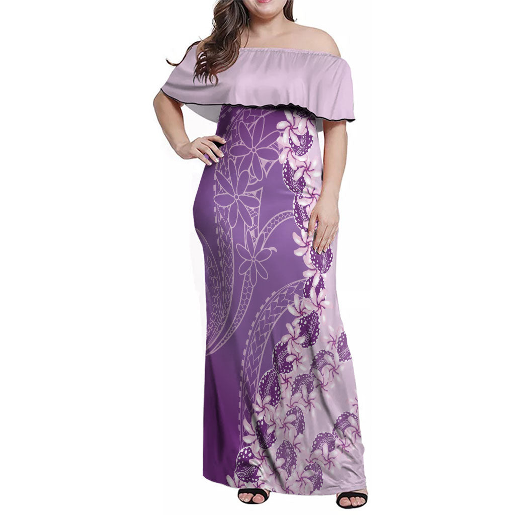 Heiva i Tahiti Family Matching Off Shoulder Maxi Dress and Hawaiian Shirt Tahitian Tiare Maori Cowrie Lei Purple LT14 Mom's Dress Purple - Polynesian Pride