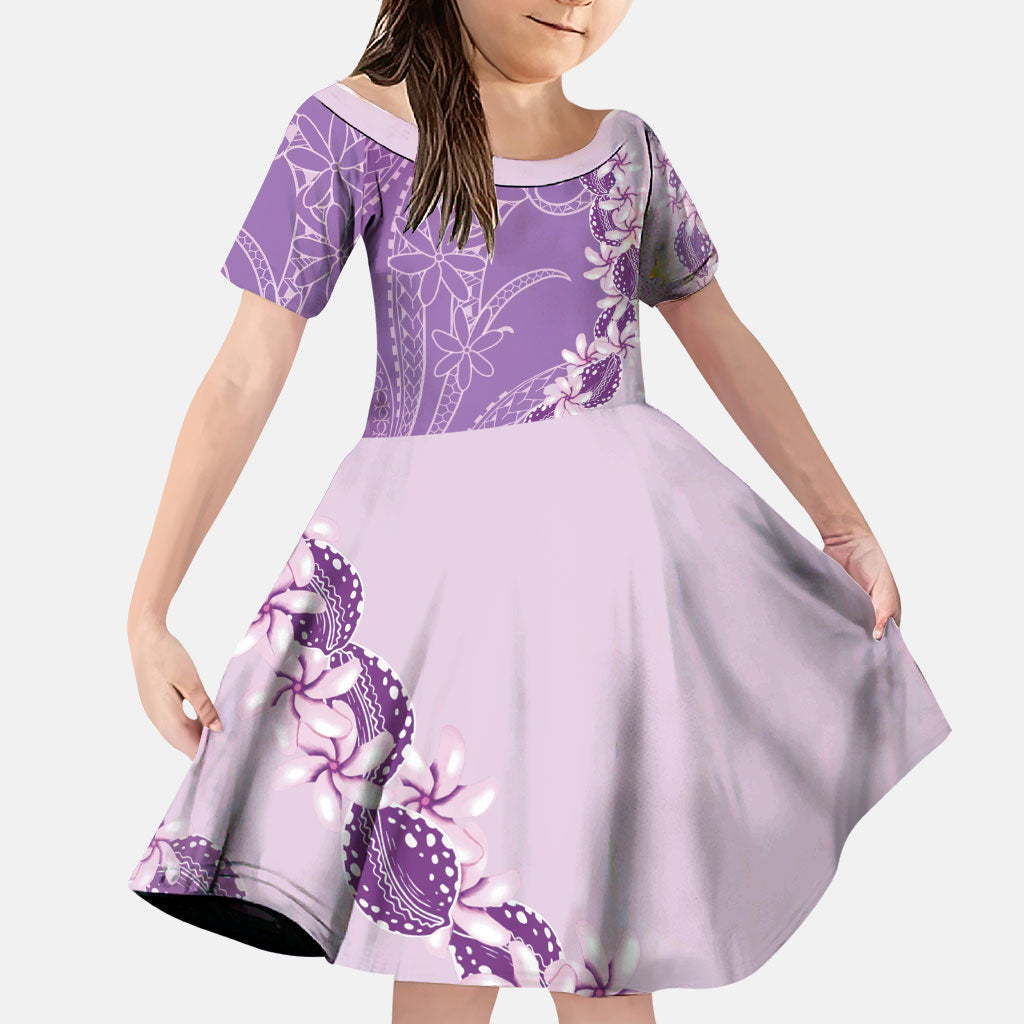 Heiva i Tahiti Family Matching Off Shoulder Short Dress and Hawaiian Shirt Tahitian Tiare Maori Cowrie Lei Purple LT14 Daughter's Dress Purple - Polynesian Pride