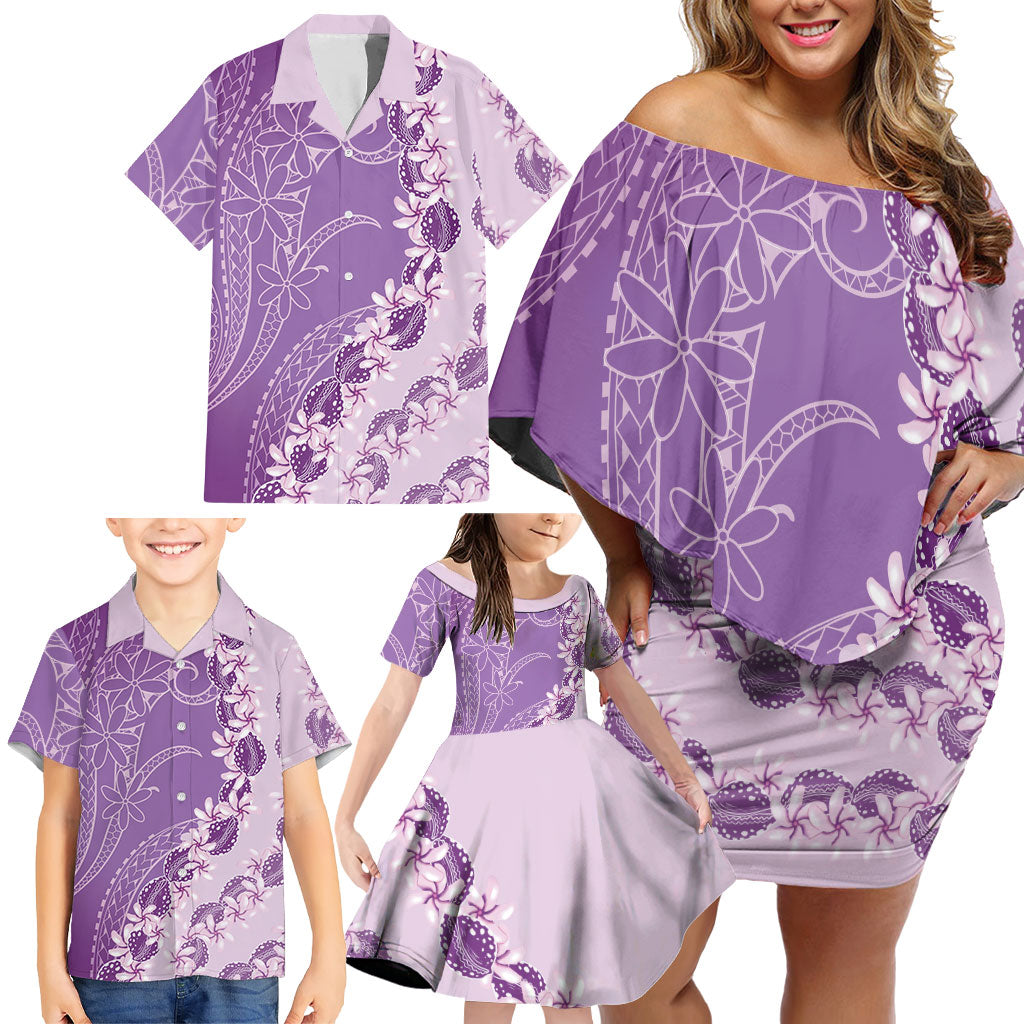 Heiva i Tahiti Family Matching Off Shoulder Short Dress and Hawaiian Shirt Tahitian Tiare Maori Cowrie Lei Purple LT14 - Polynesian Pride