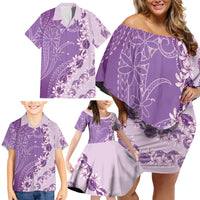 Heiva i Tahiti Family Matching Off Shoulder Short Dress and Hawaiian Shirt Tahitian Tiare Maori Cowrie Lei Purple LT14 - Polynesian Pride