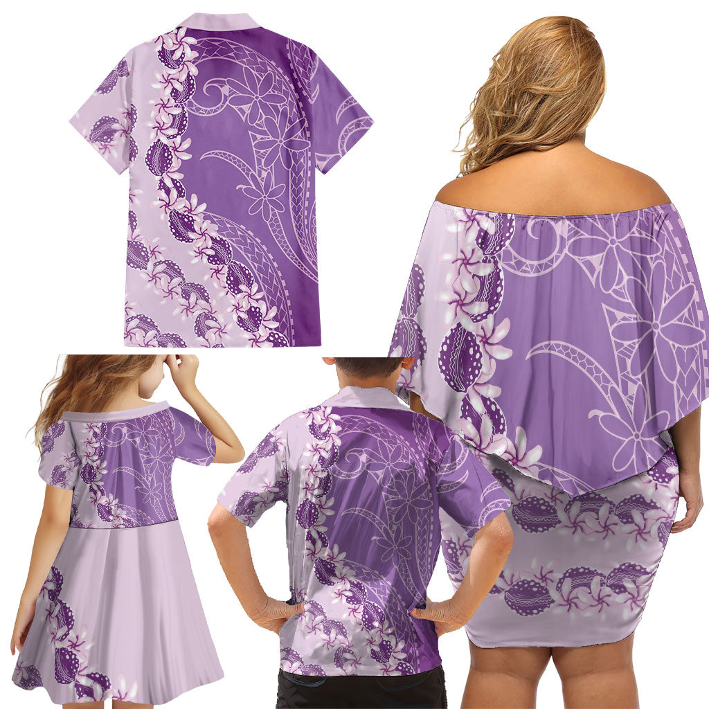 Heiva i Tahiti Family Matching Off Shoulder Short Dress and Hawaiian Shirt Tahitian Tiare Maori Cowrie Lei Purple LT14 - Polynesian Pride