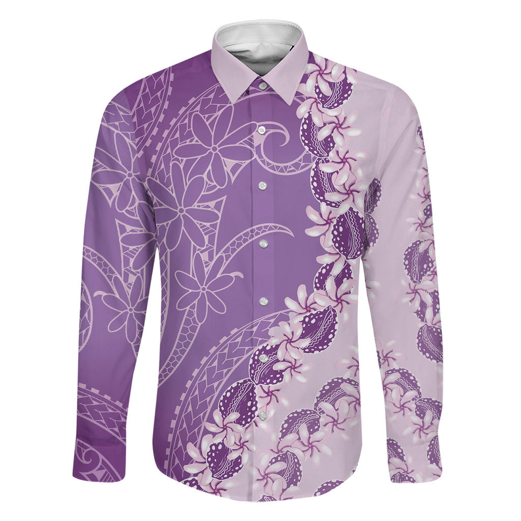 Heiva i Tahiti Family Matching Off Shoulder Short Dress and Hawaiian Shirt Tahitian Tiare Maori Cowrie Lei Purple LT14 Dad's Shirt - Long Sleeve Purple - Polynesian Pride