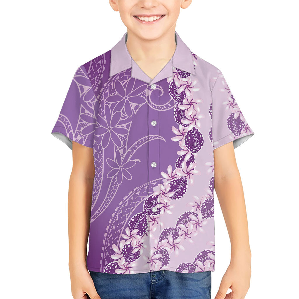 Heiva i Tahiti Family Matching Off Shoulder Short Dress and Hawaiian Shirt Tahitian Tiare Maori Cowrie Lei Purple LT14 Son's Shirt Purple - Polynesian Pride