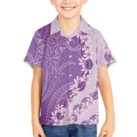Heiva i Tahiti Family Matching Off Shoulder Short Dress and Hawaiian Shirt Tahitian Tiare Maori Cowrie Lei Purple LT14 Son's Shirt Purple - Polynesian Pride