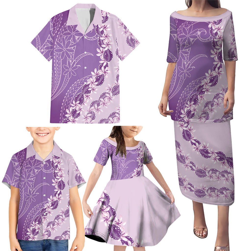 Heiva i Tahiti Family Matching Puletasi and Hawaiian Shirt Tahitian Tiare Maori Cowrie Lei Purple