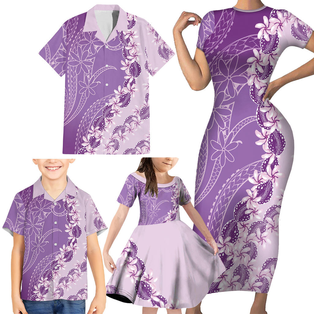 Heiva i Tahiti Family Matching Short Sleeve Bodycon Dress and Hawaiian Shirt Tahitian Tiare Maori Cowrie Lei Purple LT14 - Polynesian Pride