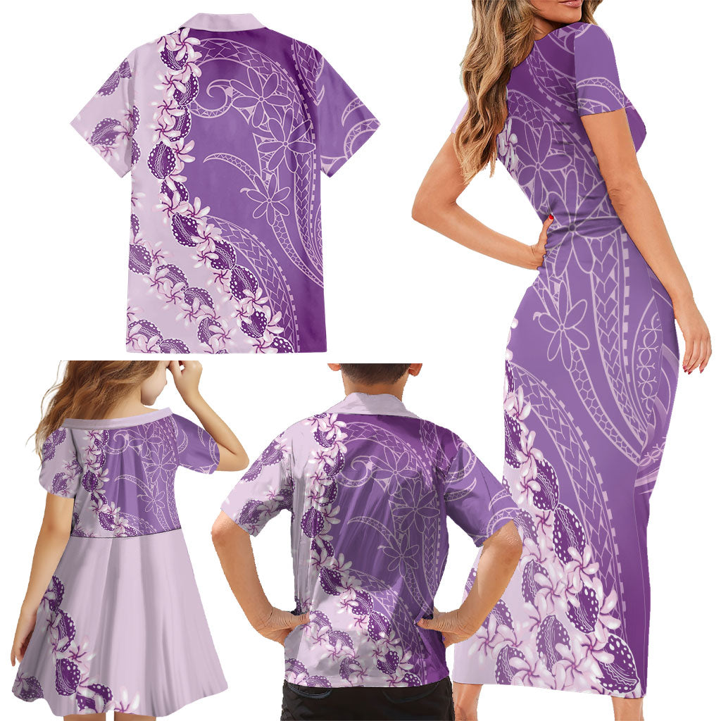 Heiva i Tahiti Family Matching Short Sleeve Bodycon Dress and Hawaiian Shirt Tahitian Tiare Maori Cowrie Lei Purple LT14 - Polynesian Pride