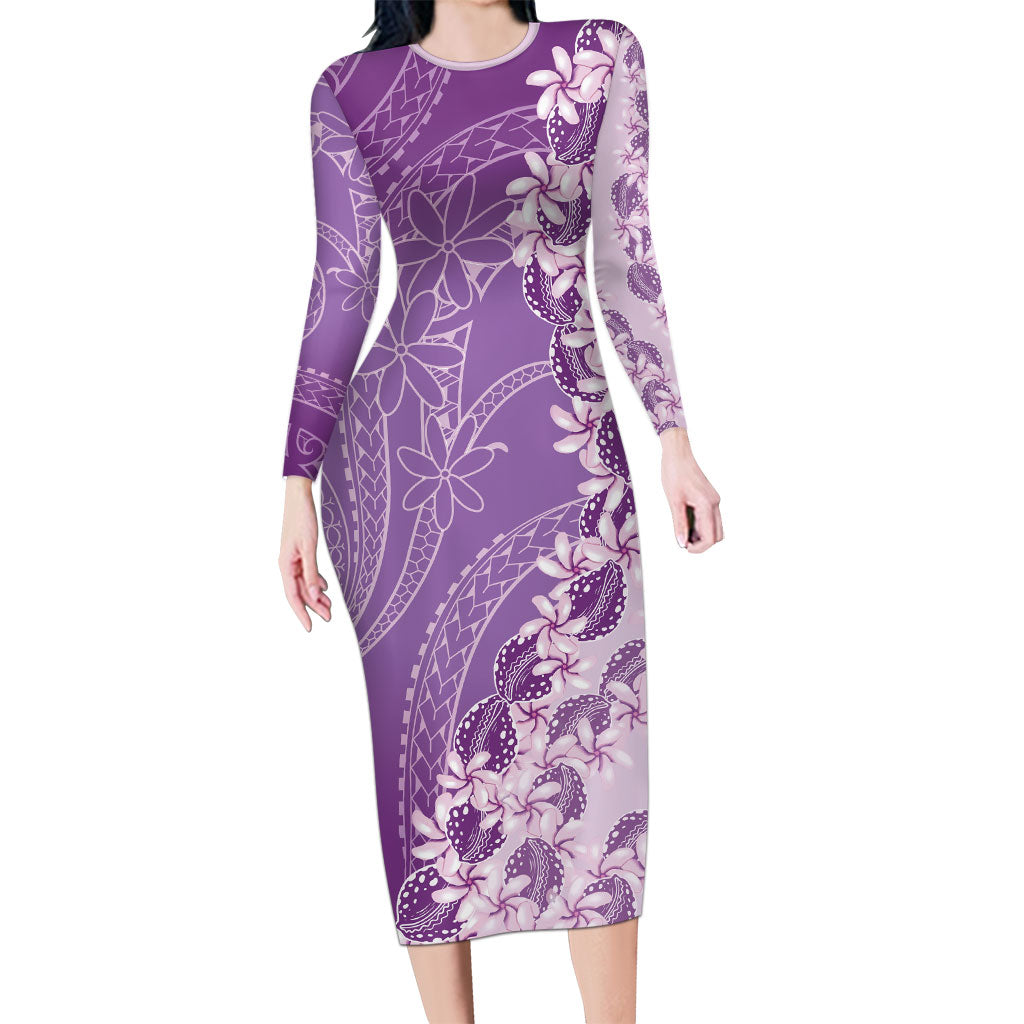 Heiva i Tahiti Long Sleeve Bodycon Dress Tahitian Tiare Maori Cowrie Lei Purple