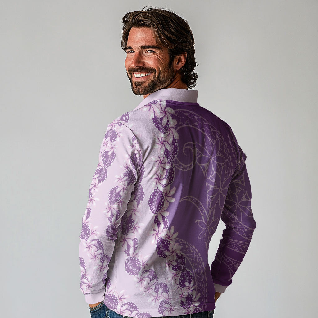 Heiva i Tahiti Long Sleeve Polo Shirt Tahitian Tiare Maori Cowrie Lei Purple