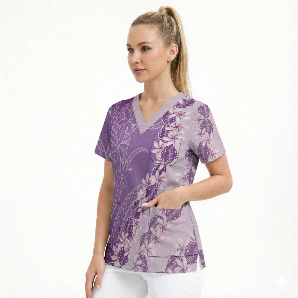 Heiva i Tahiti Scrub Top Tahitian Tiare Maori Cowrie Lei Purple