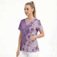 Heiva i Tahiti Scrub Top Tahitian Tiare Maori Cowrie Lei Purple